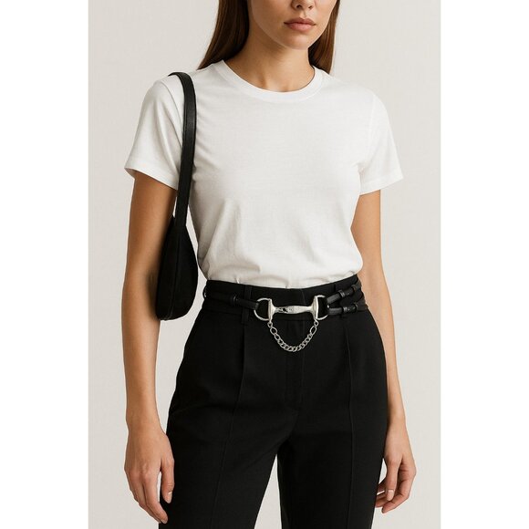 Lauren Ralph Lauren Black Leather Equestrian Bit Chain Belt Silver Hardware XL - Picture 12 of 12